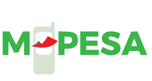 M-PESA logo: bold green letters with a light-green smartphone icon and a red swoosh across it.
