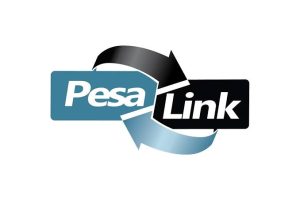 PesaLink logo: blue and black panels with curved arrows wrapping around the brand name.